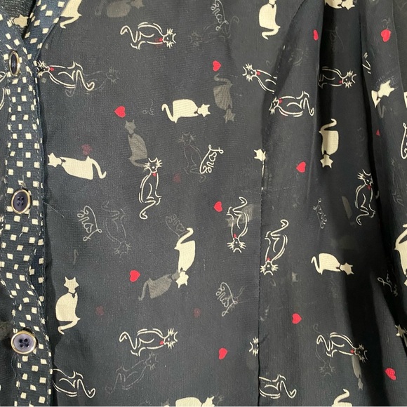 Sheer Kitty Cat Print Button Top All Over Print Blue Shirt Lightweight Sz L - Picture 3 of 9